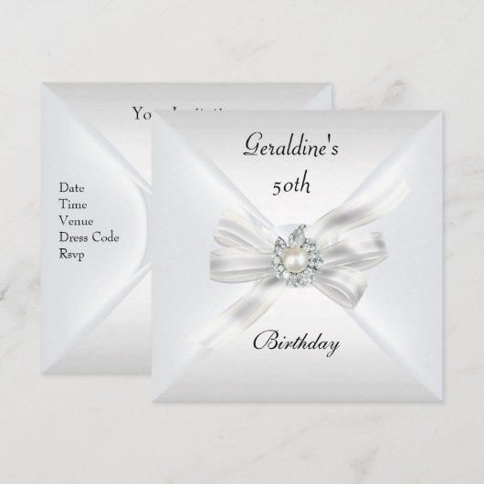 Elegant 50th Birthday Invite Pearl White Kaart (Voorkant / Achterkant)