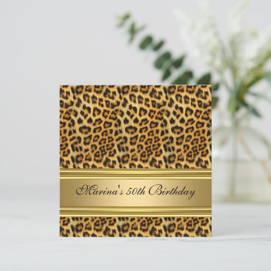 Elegant 50th Birthday Party Black Gold Cheetah Kaart (Staand voorkant)