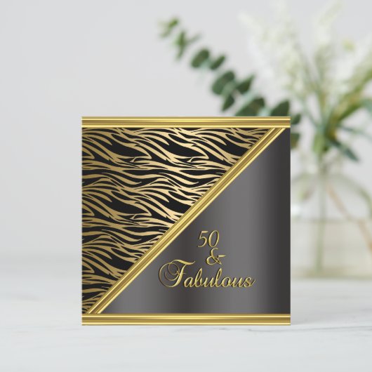 Elegant 50th Birthday Party Black Gold Zebra Kaart (Staand voorkant)