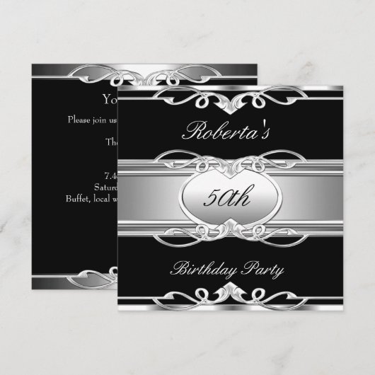 Elegant 50th Birthday Party Black Silver 50 Kaart (Voorkant / Achterkant)