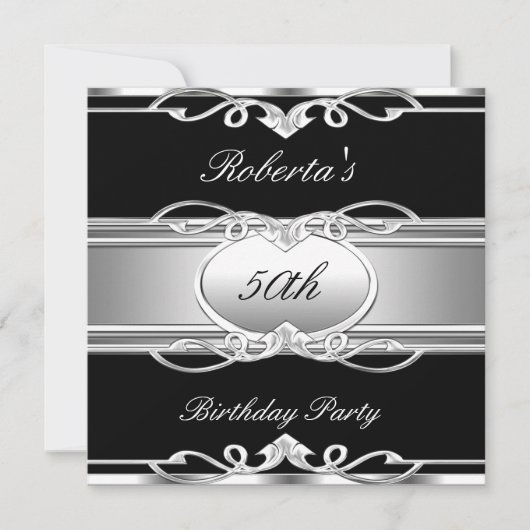 Elegant 50th Birthday Party Black Silver 50 Kaart (Voorkant)