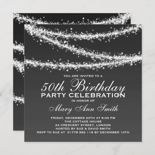 Elegant 50th Birthday Party Black String Lights Kaart (Voorkant / Achterkant)