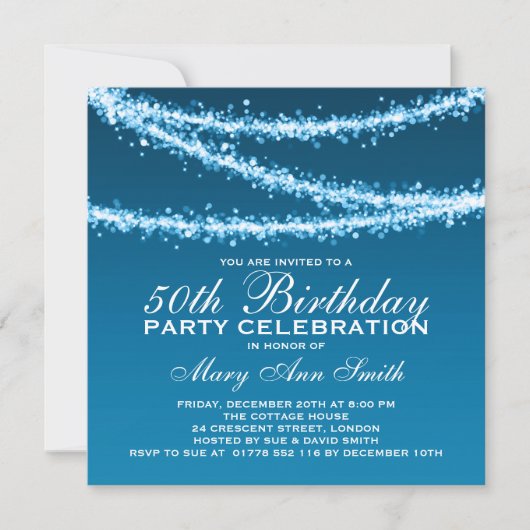 Elegant 50th Birthday Party Blue String Lights Kaart (Voorkant)