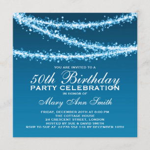 Elegant 50th Birthday Party Blue String Lights Kaart