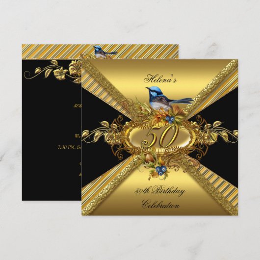 Elegant 50th Birthday Party BlueBird Gold Black Kaart (Voorkant / Achterkant)