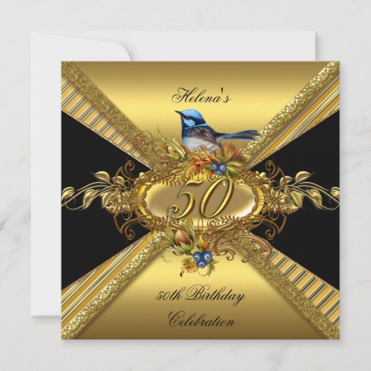 Elegant 50th Birthday Party BlueBird Gold Black Kaart (Voorkant)