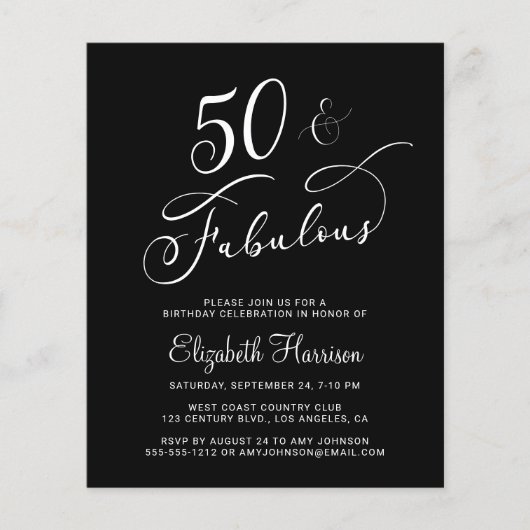 Elegant 50th Birthday Party Budget Invitation (Voorkant)