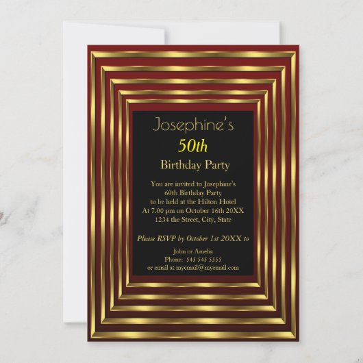 Elegant 50th Birthday Party Burgundy Gold Black Kaart (Voorkant)
