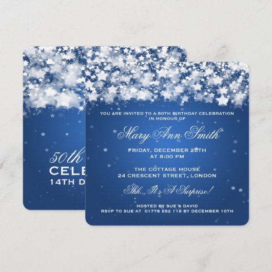 Elegant 50th Birthday Party Dazzling Stars Blue Kaart (Voorkant / Achterkant)