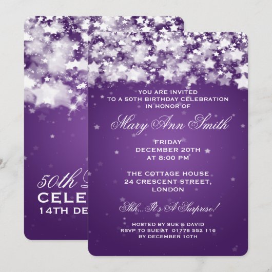 Elegant 50th Birthday Party Dazzling Stars Paars Kaart (Voorkant / Achterkant)