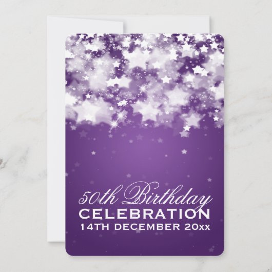 Elegant 50th Birthday Party Dazzling Stars Paars Kaart (Achterkant)