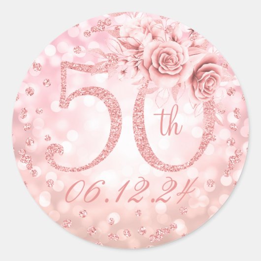 Elegant 50th Birthday Party Glam Lights Roos Gold Ronde Sticker (Voorkant)