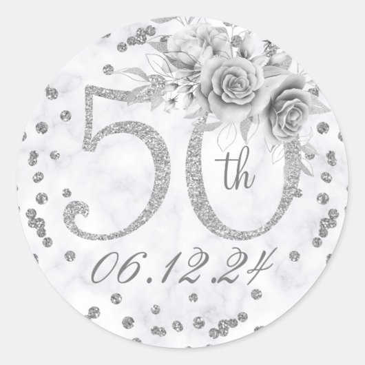 Elegant 50th Birthday Party Glam Marble Silver Ronde Sticker (Voorkant)