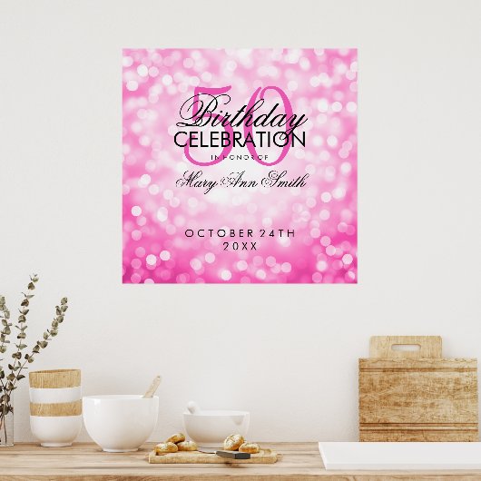 Elegant 50th Birthday Party Glitter Licht Roze Poster (Keuken)