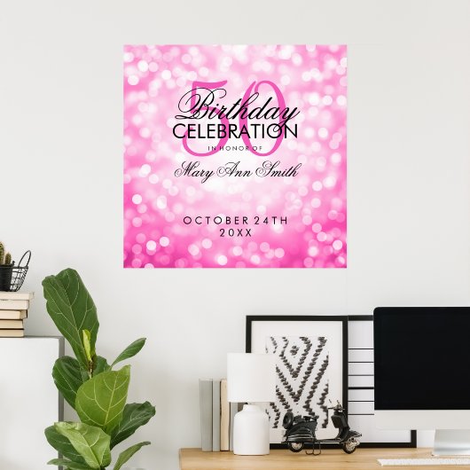 Elegant 50th Birthday Party Glitter Licht Roze Poster (Thuiskantoor)
