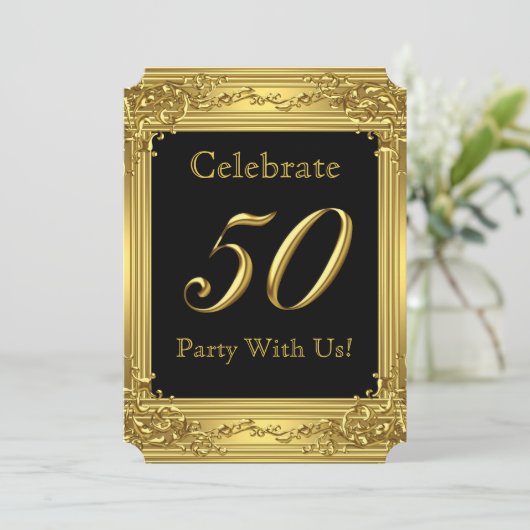 Elegant 50th Birthday Party Gold Golden 50 Black 2 Kaart (Staand voorkant)