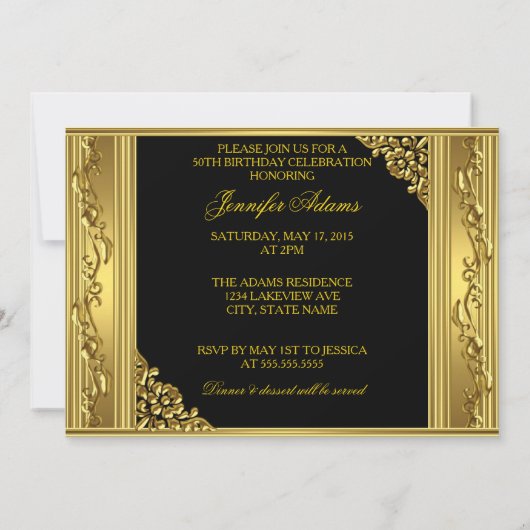 Elegant 50th Birthday Party Gold Golden 50 Black Kaart (Achterkant)