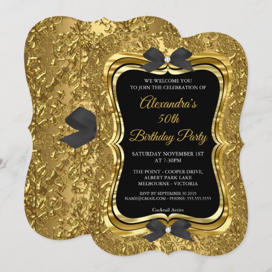Elegant 50th Birthday Party Gold Golden Black 2 Kaart (Voorkant / Achterkant)