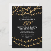 Elegant 50th Birthday Party Gold Leaves on Black Kaart (Voorkant)