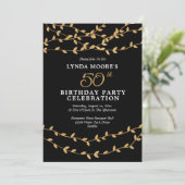 Elegant 50th Birthday Party Gold Leaves on Black Kaart (Staand voorkant)