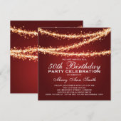 Elegant 50th Birthday Party Gold String Lights Red Kaart (Voorkant / Achterkant)