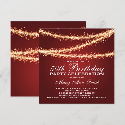 Elegant 50th Birthday Party Gold String Lights Red Kaart (Voorkant / Achterkant)
