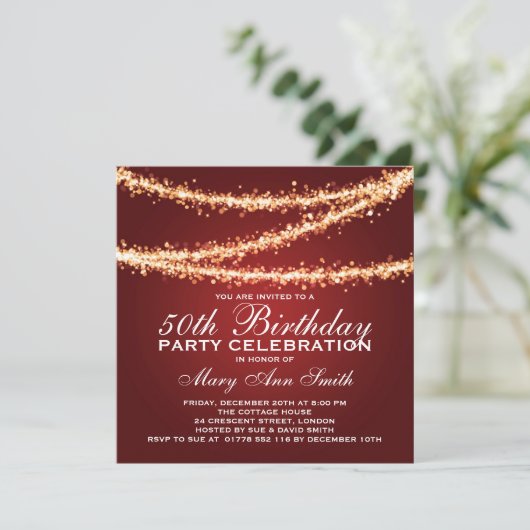 Elegant 50th Birthday Party Gold String Lights Red Kaart (Staand voorkant)