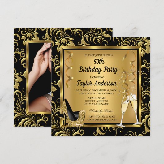 Elegant 50th Birthday Party Heels Champagne Foto Kaart (Voorkant / Achterkant)