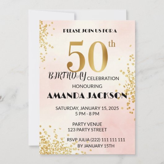Elegant 50th Birthday Party Invitation Gold & Pink Kaart (Voorkant)