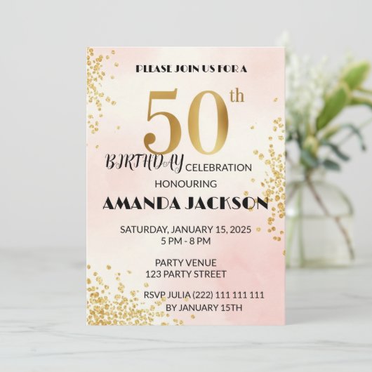 Elegant 50th Birthday Party Invitation Gold & Pink Kaart (Staand voorkant)