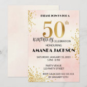 Elegant 50th Birthday Party Invitation Gold & Pink Kaart (Voorkant / Achterkant)