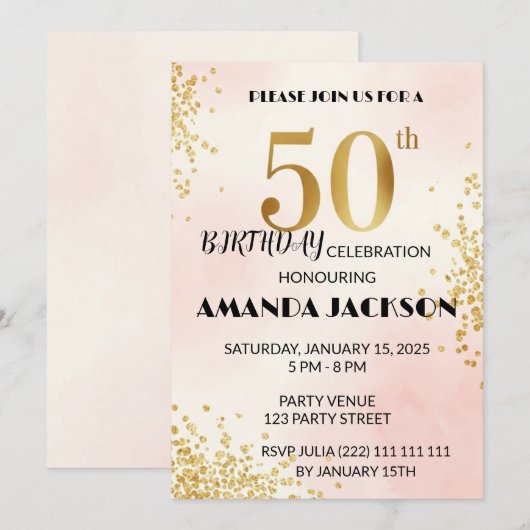 Elegant 50th Birthday Party Invitation Gold & Pink Kaart (Voorkant / Achterkant)