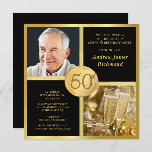 Elegant 50th Birthday Party Invitations with Photo Kaart (Voorkant / Achterkant)