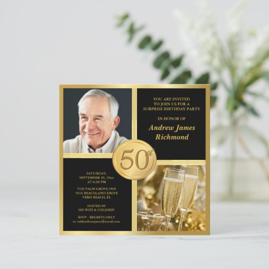 Elegant 50th Birthday Party Invitations with Photo Kaart (Staand voorkant)