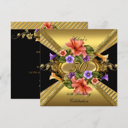 Elegant 50th Birthday Party Petunias Gold Black Kaart (Voorkant / Achterkant)