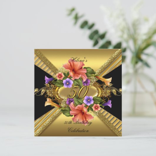 Elegant 50th Birthday Party Petunias Gold Black Kaart (Staand voorkant)