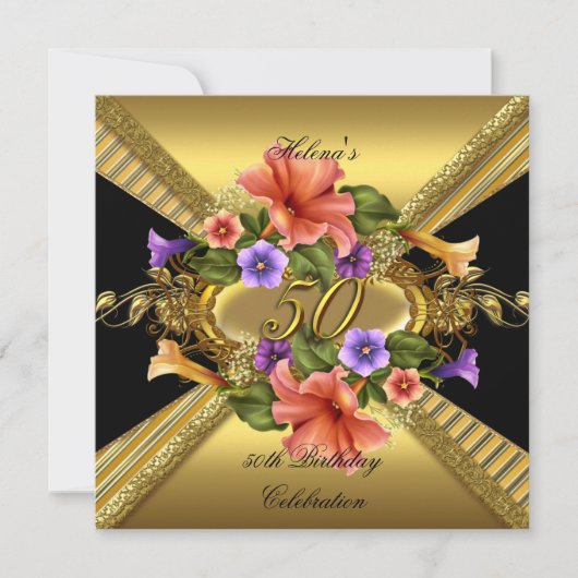 Elegant 50th Birthday Party Petunias Gold Black Kaart (Voorkant)