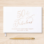 Elegant 50th Birthday Party Roos Gold Gastenboek<br><div class="desc">Elegant wit gastenboek voor haar 50e verjaardagsfeestje met roos gouden folie en "50 & Fabulous" in een chique script. Pas met haar naam,  de feestdatum en een titel op de rug aan in klassieke seriële letters.</div>