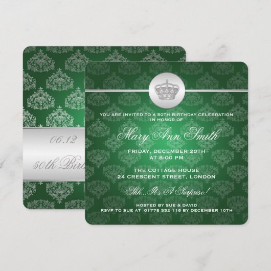 Elegant 50th Birthday Party Royal Crown Green Kaart (Voorkant / Achterkant)