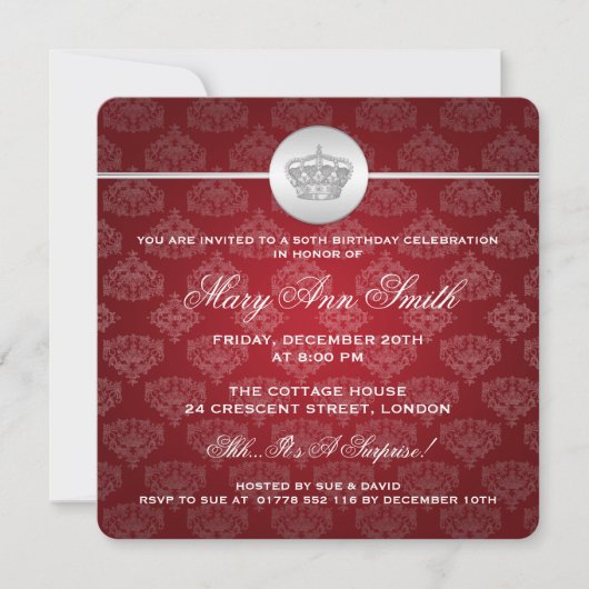 Elegant 50th Birthday Party Royal Crown Red Kaart (Voorkant)