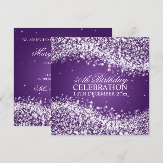 Elegant 50th Birthday Party Sparging Wave Paars Kaart (Voorkant / Achterkant)