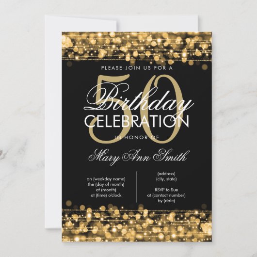Elegant 50th Birthday Party Sparkles Gold Kaart (Voorkant)