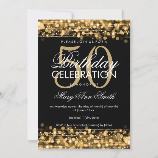 Elegant 50th Birthday Party Sparkles Gold Kaart (Voorkant)