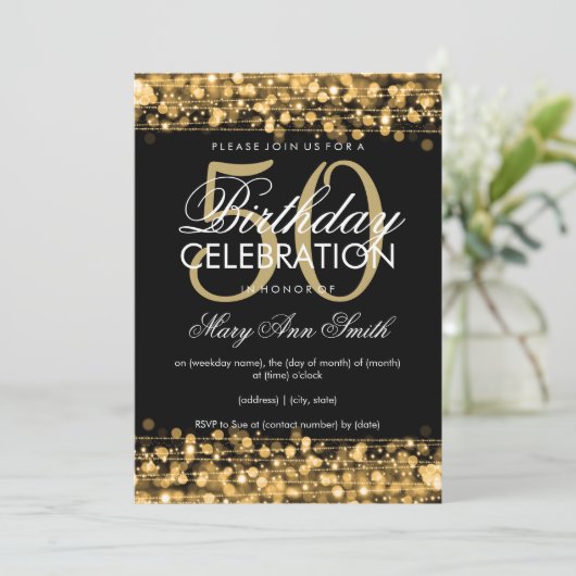 Elegant 50th Birthday Party Sparkles Gold Kaart (Staand voorkant)