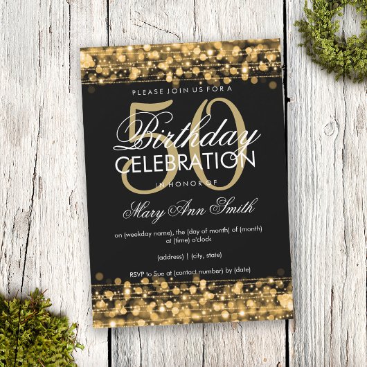 Elegant 50th Birthday Party Sparkles Gold Kaart