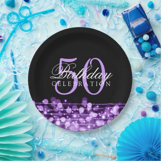 Elegant 50th Birthday Party Sparkles Paars Papieren Bordje (Feest)