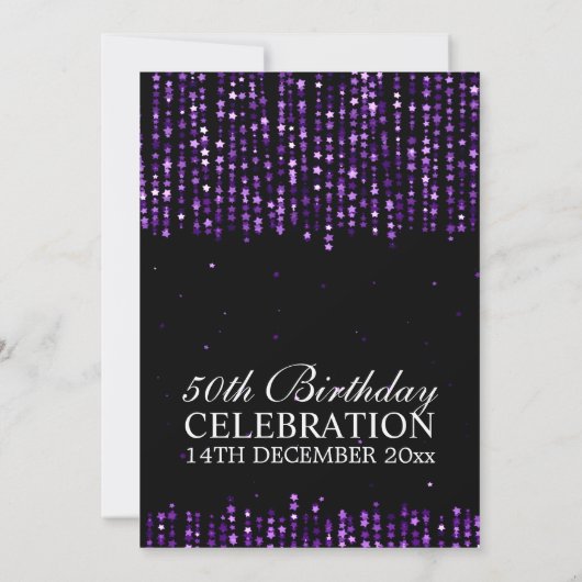 Elegant 50th Birthday Party Star Confetti Paars Kaart (Achterkant)