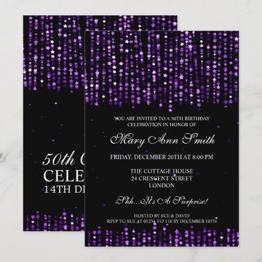 Elegant 50th Birthday Party Star Confetti Paars Kaart (Voorkant / Achterkant)