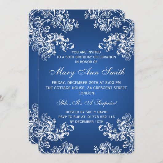Elegant 50th Birthday Party  Swirls 2 Blue Kaart (Voorkant / Achterkant)