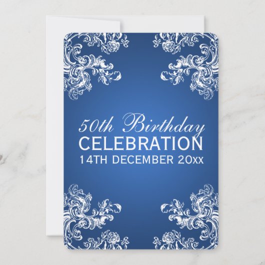 Elegant 50th Birthday Party  Swirls 2 Blue Kaart (Achterkant)